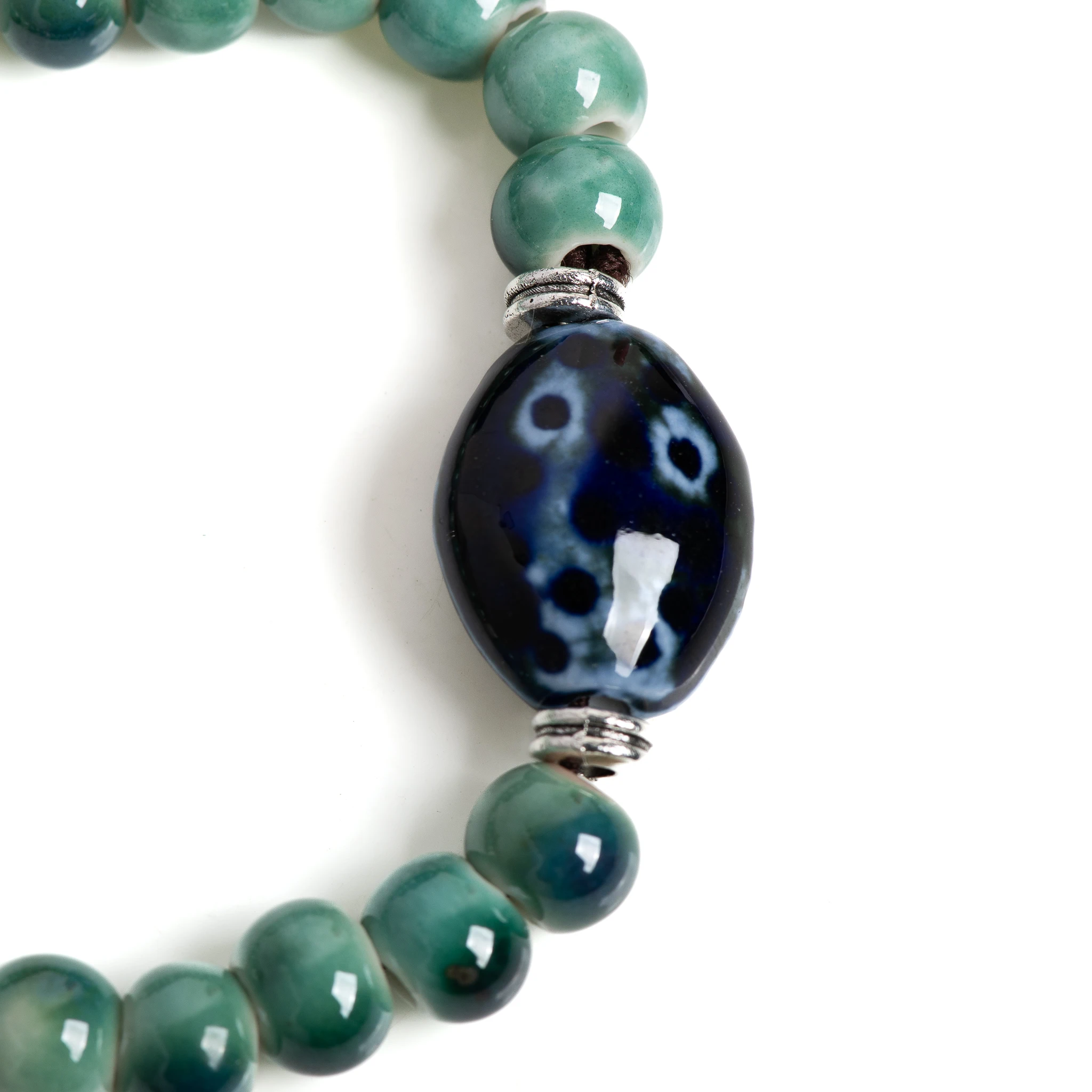 Green Ceramic Beaded Bracelet Handmade Stretch Bracelet with Blue Accent Stone Unisex Jewelry Vintage Style