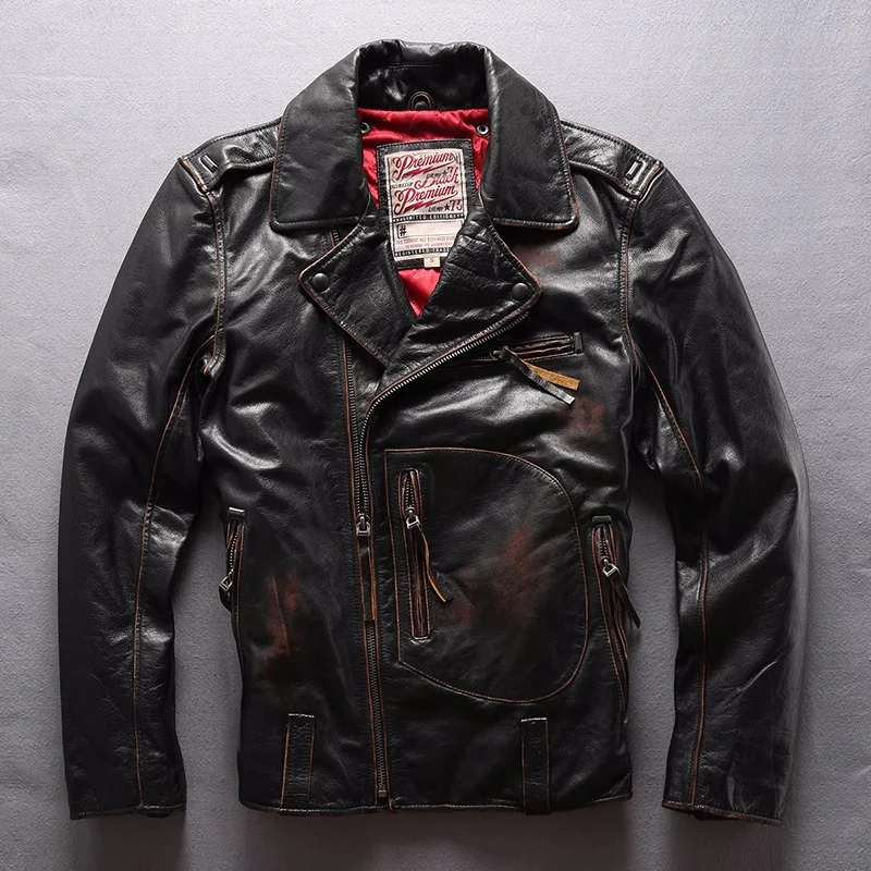 Vintage Black Winter Leather Jacket Men Retro Style Plus Size 5XK Natural Thick Cowhide Diagonal Zipper Genuine Leather Coat