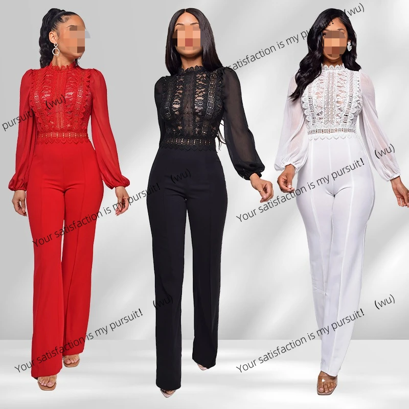 

Женский прямой женский комбинезон с высокой талией и кружевом с длинными рукавами и высоким воротом