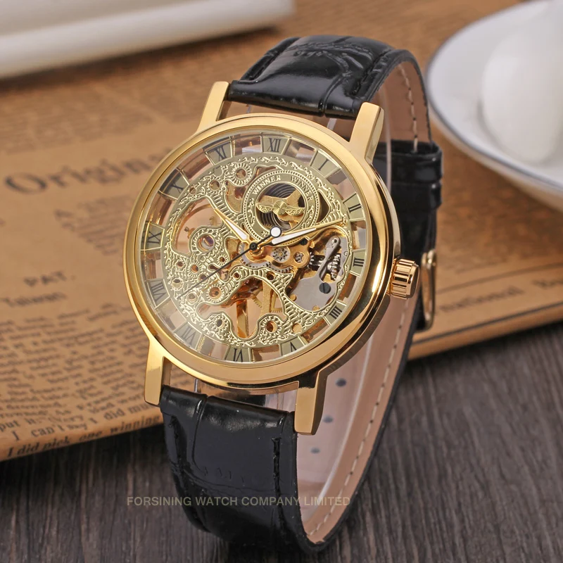 Luxury Brand New Style Golden Skeleton Watches Men Black Leather Strap Mechanical Hand Wind Wristwatches Nice Gift