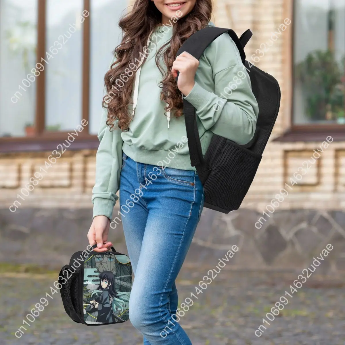 Muichiro Tokito Kimetsu No Yaiba Backpack BookBag School Bag Computer Shoulder Bags 3ps Insulated Lunch Bag Pencil Case