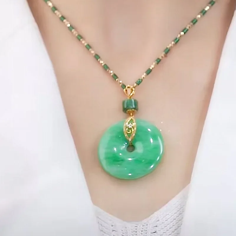 Natural green peace buckle pendant necklace exquisite fashion gold color set jade sweater chain women\'s accessories