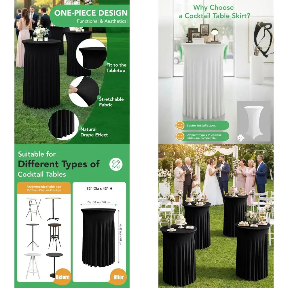 

Скатерти для коктейльных столов с волнистым краем и оборками, 32x43 дюйма, многоразовые, для вечеринок или свадеб, черные, 4 штуки в упаковке
