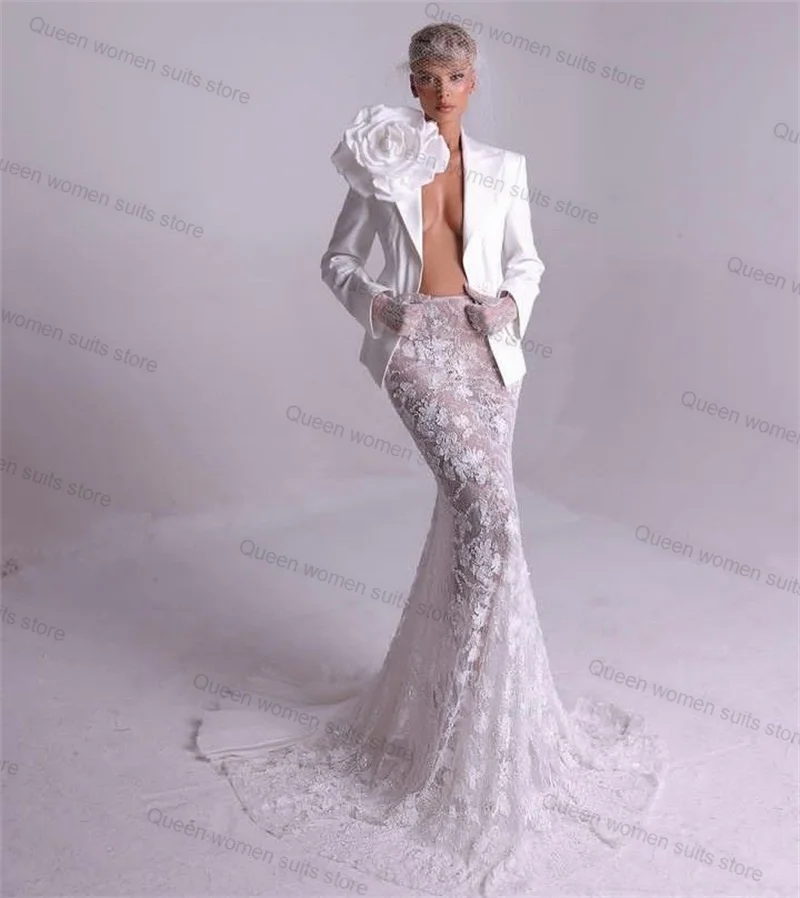 

White 2 Piece Women Suit Set Blazer+Lace Prom Dress 3D Flower Formal Office Coat Customized Wedding Tuxedo Cotton Jacket