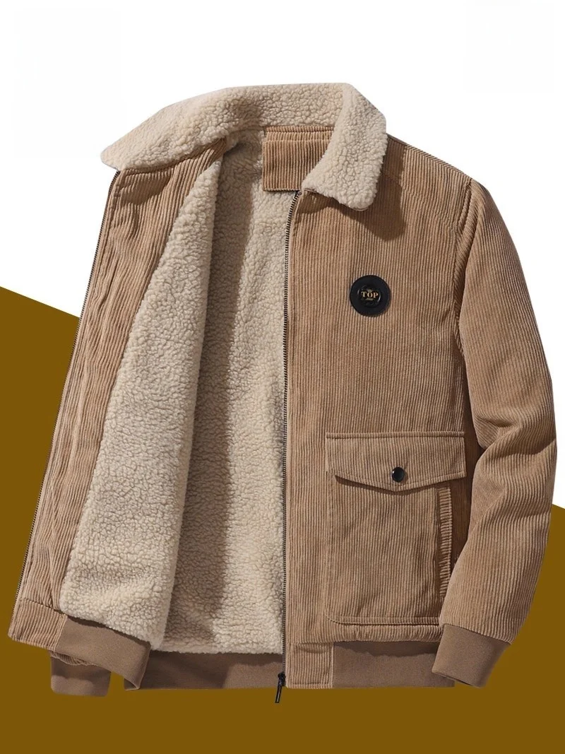 Thickened Fleece Lined Corduroy Jacket Zipper Collar Multi-Pocket Winter Coat for Middle-Aged Men Casual Warm Breathable Cott...