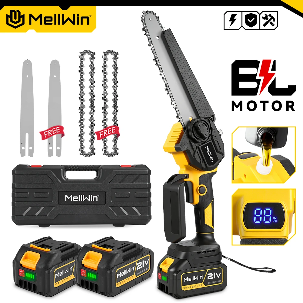 Scie à chaîne électrique sans balais MELLWIN 8 pouces avec lubrification automatique, mini-scie à élaguer portative, outil de coupe pour le travail du bois, compatible avec batterie Makita 18V