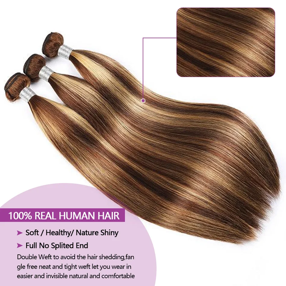 20 22 24Inch P4/27 Straight Bundle Human Hair 12A Highlight Straight Bundles 100% Human Hair Honey Blonde Bundles Top Quality image 3