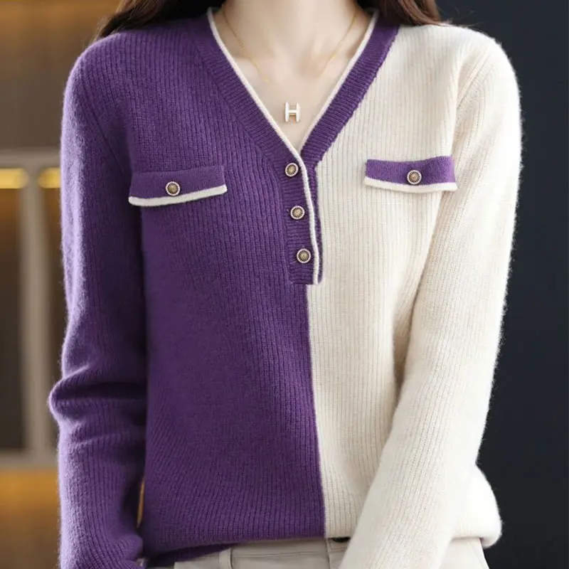 Fashion Patchwork Contrasting Colors Jumpers Female Clothing Casual V-Neck Button Autumn Winter Long Sleeve Knitted Sweaters New