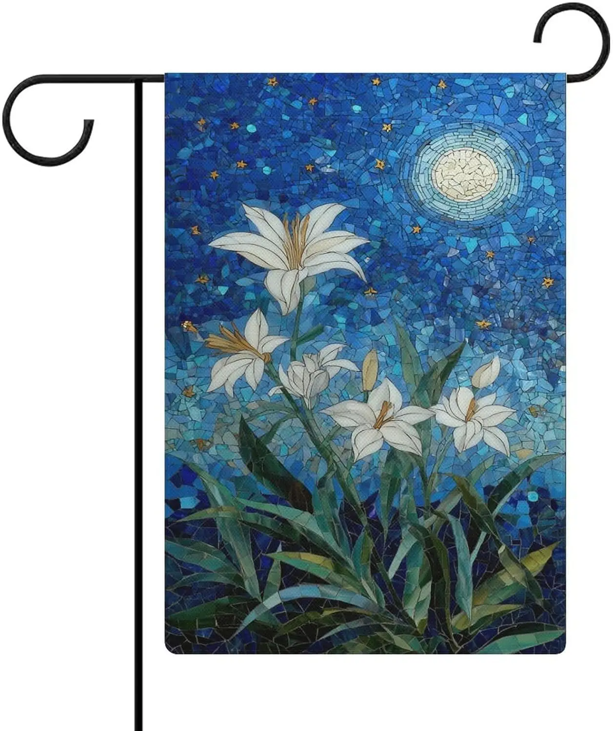 Stained Glass Mosaic Night Sky Moon White Flower Garden Flag Holiday Garden Decoration House Yard Home Decor Double Sided Ou AAS
