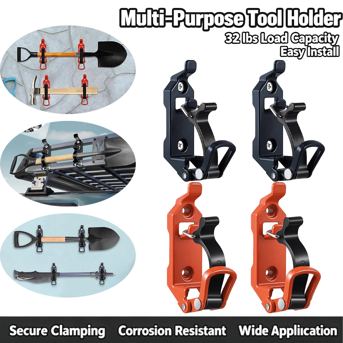 2/4/8PCS Quick Release Shovel Axe Mount Clamp Heavy‑Duty Tool Holder For Roof Rack 4x4 Offroad Truck SUV Garage Wall Storage
