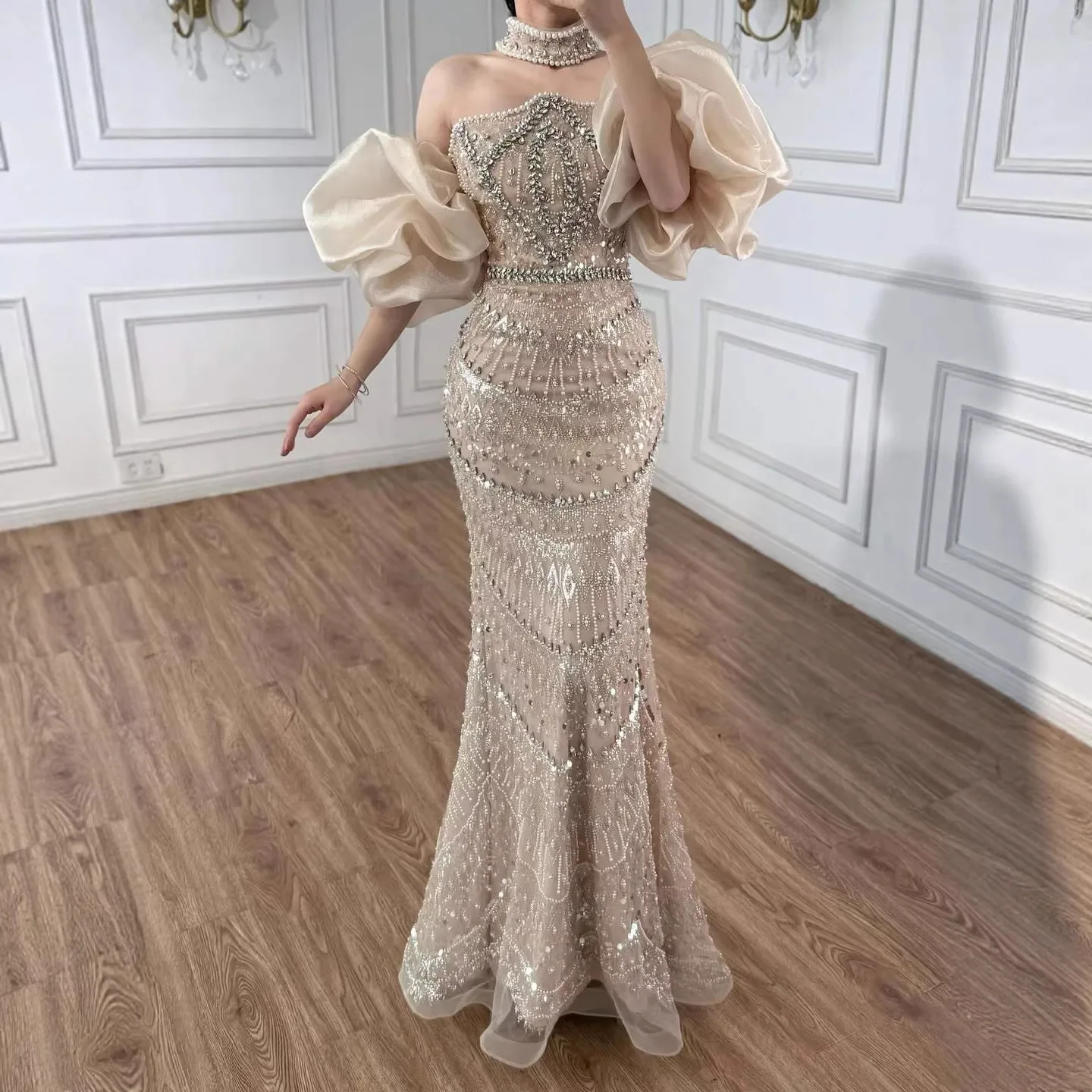 cream colored mermaid dress Cream Color Mini Cocktail Dresses Mermaid Off Shoulder Pearls Prom Dresses  Birthday Party Dresses For Women Vestidos Femenino