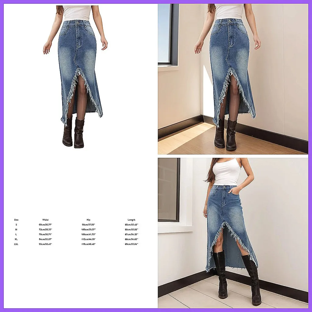 Vintage Wash Asymmetrical Hem Denim Skirt for Women, High Waist Sexy Wrap Buttocks Pleated Skirt