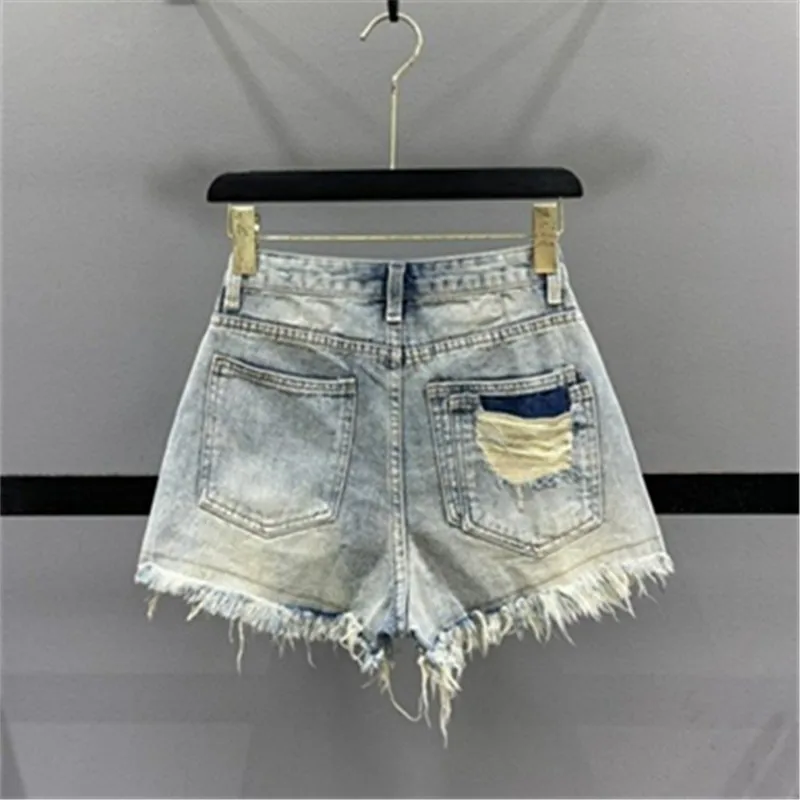 Girl Broken Hole Tassel Denim Shorts for Women New Summer High Waist Slim Leg Length A-line Wide Leg Hot Pants Pantalones Cortos