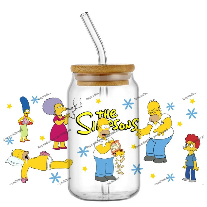 popular Yellow Funny Family UV DTF Wraps Classic Cartoon Stickers for 16oz Glass Cans Waterproof DIY Transfer Decals
