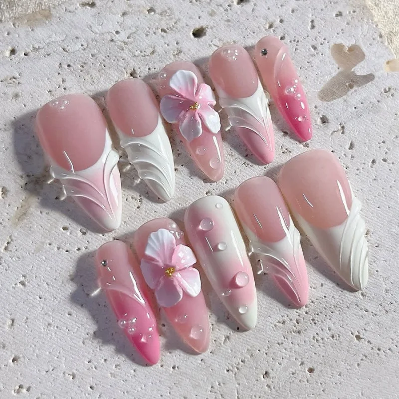 

24 шт. миндальные накладные ногти Press on Nails Fine Armor 3D Gel Drop Flowers Высококачественные французские водные рябь с жемчужным дизайном Накладные ногти