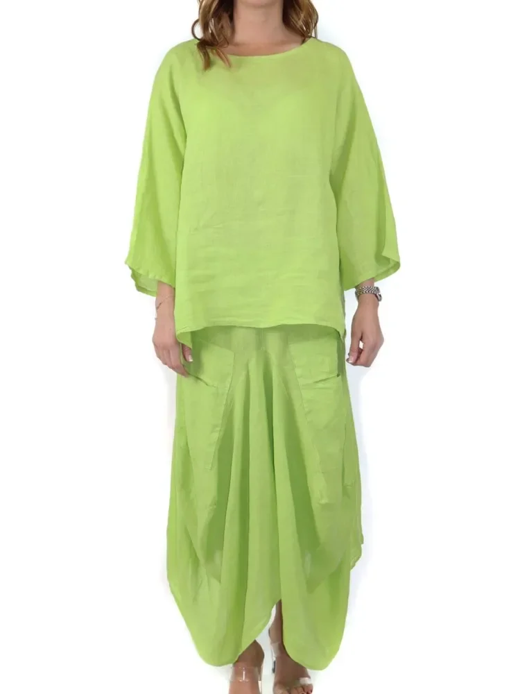 

Красивый комплект из 2 предметов: топ с круглым вырезом и рукавами-колокольчиками + юбка, комплекты для женщин, весна-лето, однотонные карманы, свободный повседневный женский костюм нестандартной формы