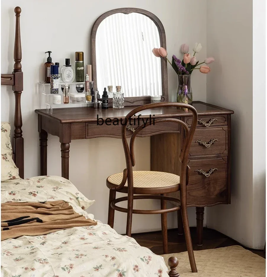 

Dressing Table Black Walnut Solid Wood Bedroom Storage Small Apartment Simple Retro Makeup Table