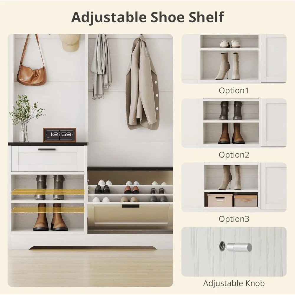 شجرة القاعة مع مساحة تخزين للأحذية، رف معطف خشبي منظم للمدخل مع 7 خطافات للباب الأمامي (كسب الخشب الأسود)