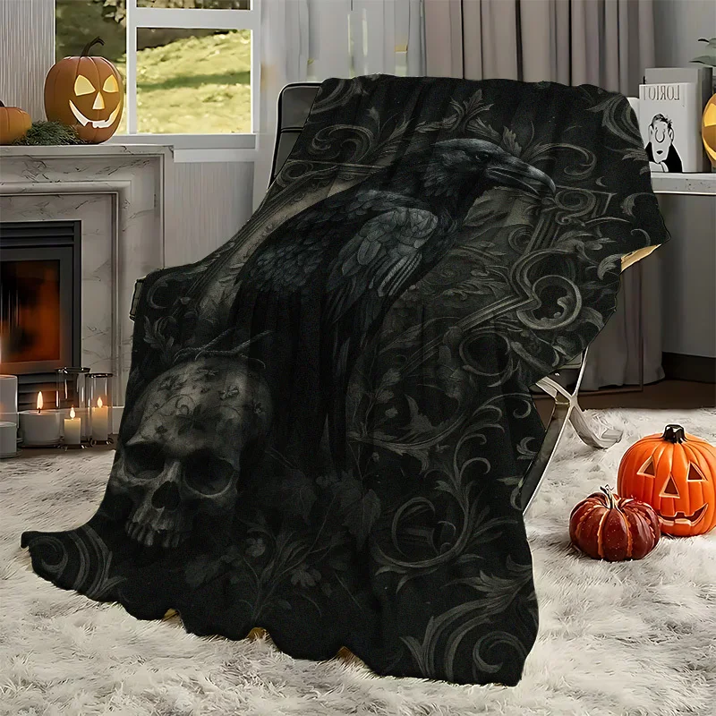 Gothic Raven Skull Vintage Scroll Flannel Blanket, Dark Baroque Floral Bird Print Soft Throw Sofa Bedroom Travel Home Goth Decor