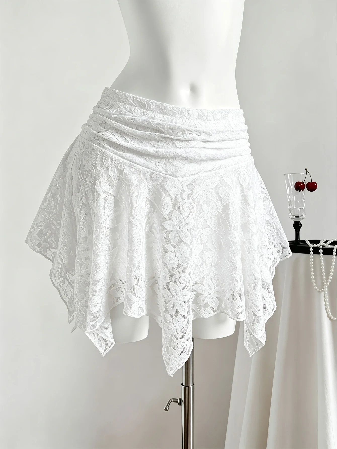 Women White Lace Skirt Pleated Design Irregular Flared A-Line Mini Skirt Female Casual Streetwear Club Party Daily Wear