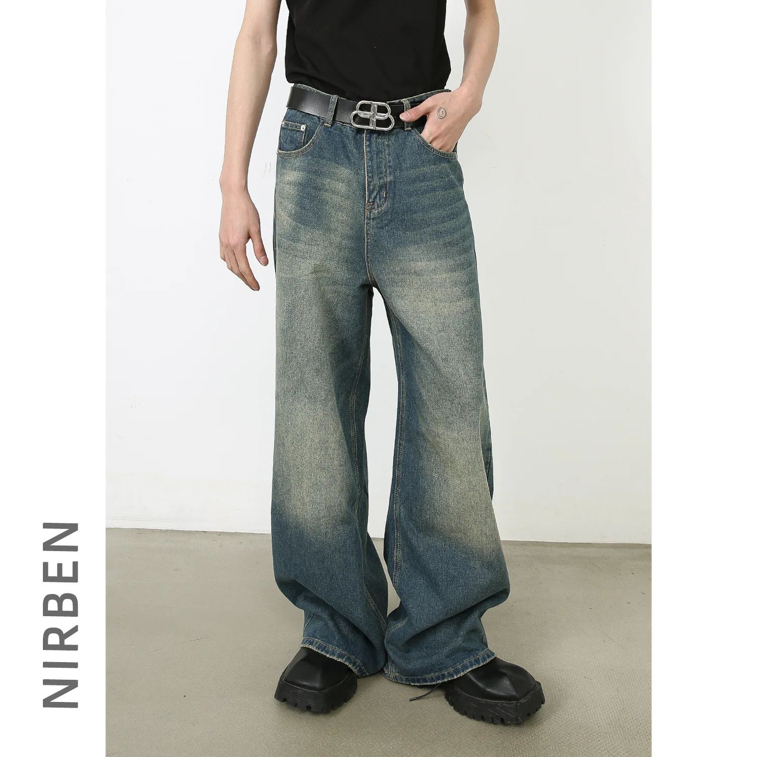 Denim Retro Blue Washed Jeans Men's Korean Version Loose Straight Wide-leg Floor-mopping Pants