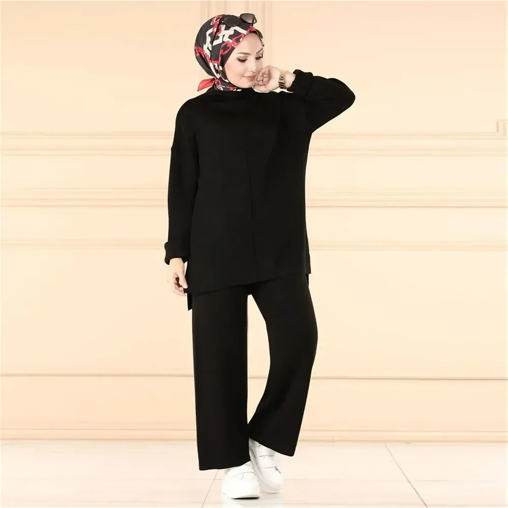 Elegant Casual Autumn Winter Knitted 2 Piece Set Womens Outfits Matching Muslim Set Wide Leg Pants Suit Tracksuit Ramadan Arabic
