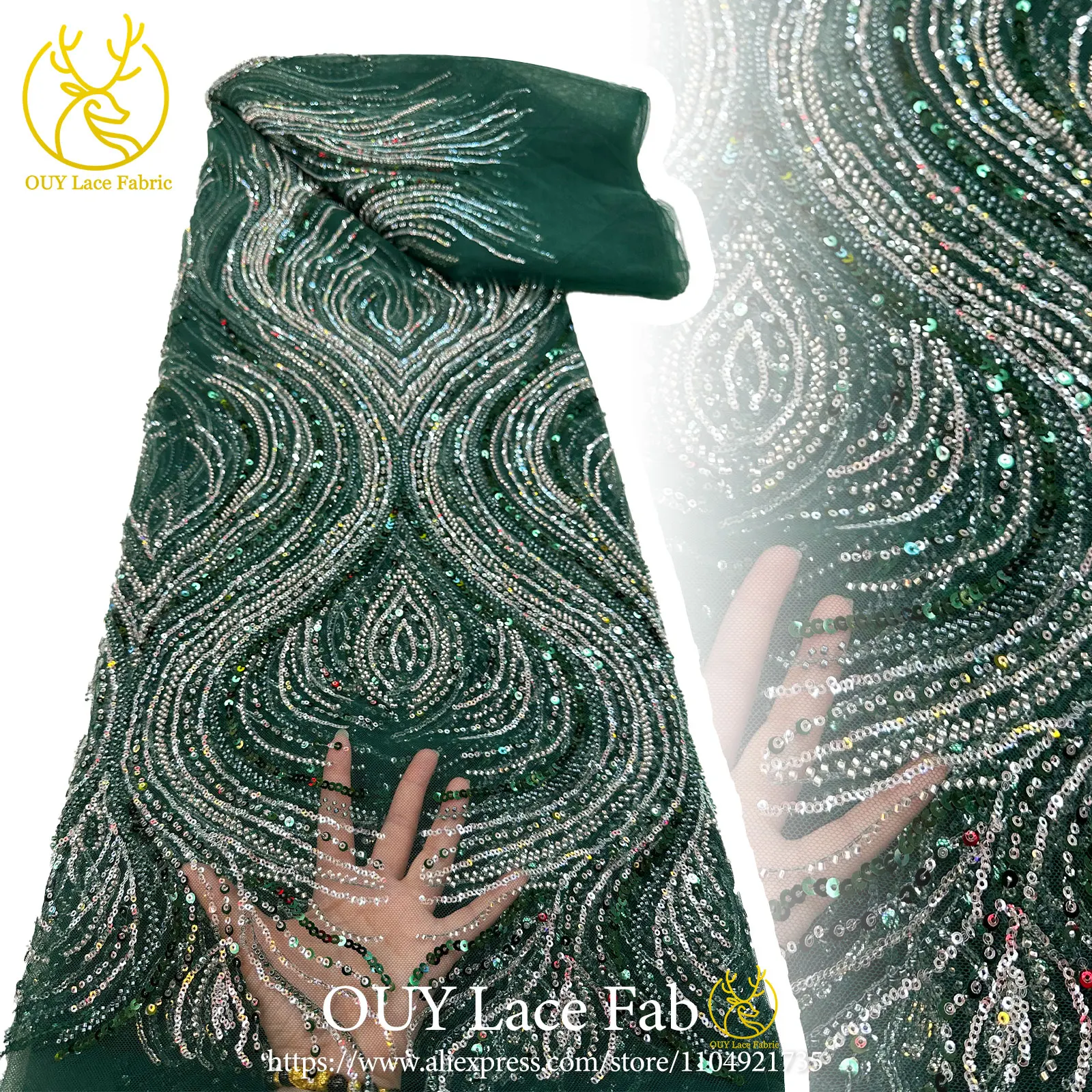 

Wholesale Green African Beaded Lace Fabric 2026 High-Quality Nigerian Sequin Lace French Tulle Fabric Ideal for Party Dresses