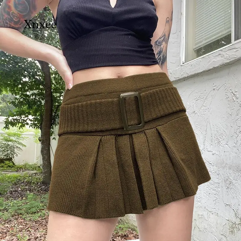 Brown Knit Mini Skirt with Belt High Waist Vintage Pleated Sexy Skirt Gothic Punk Emo Club Wear Women Harajuku Y2K Short Skirt