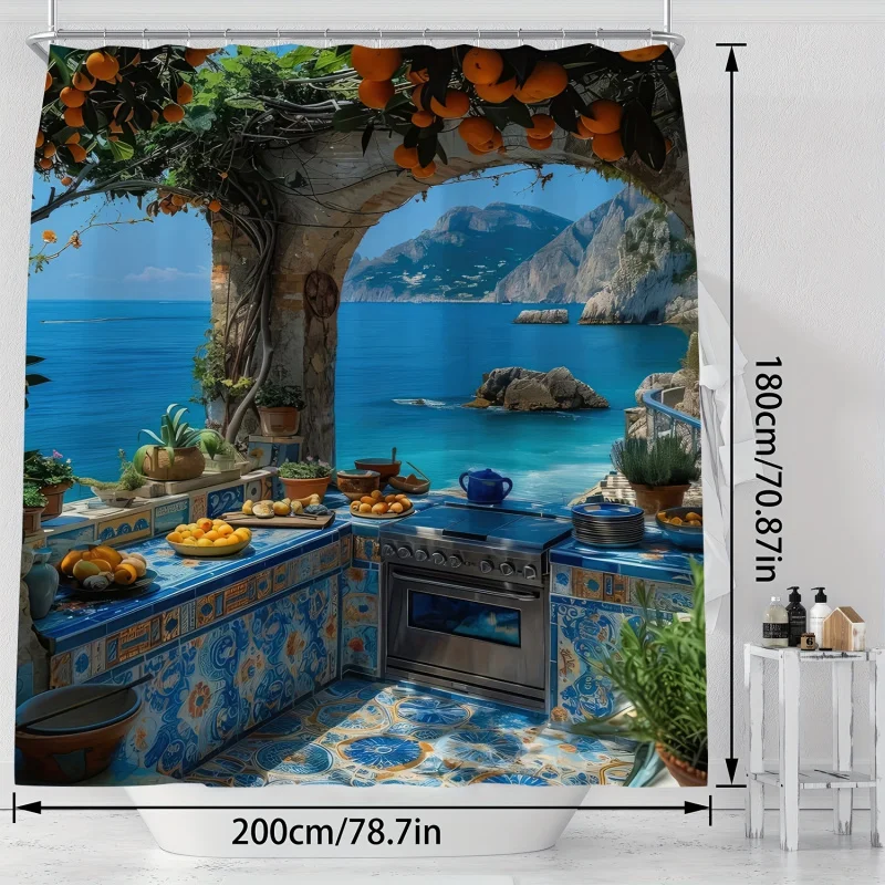 Sea View Tranquil Scenic Digital Print Polyester Shower Curtain with Hooks - Water-resistant, All-season, Woven Knit, Machine Wa