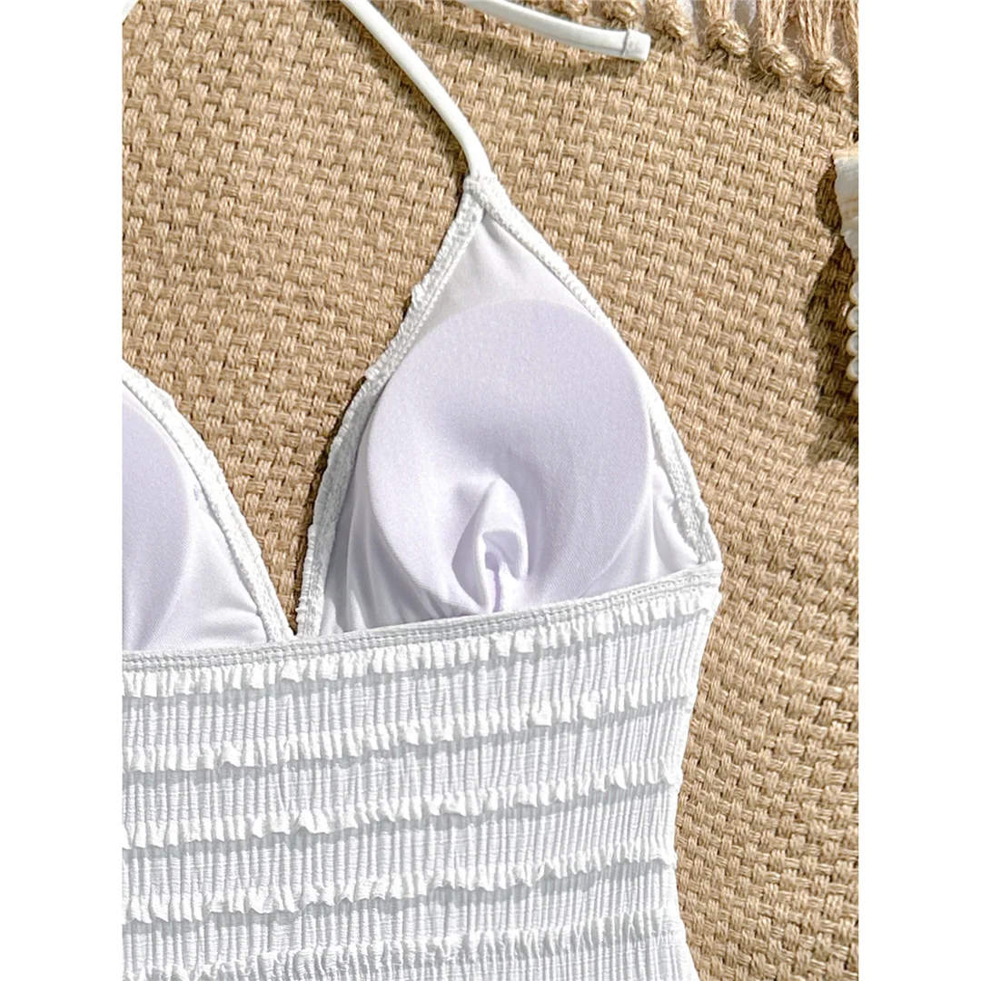 Neuer einteiliger Badeanzug mit V-Ausschnitt und Neckholder, bedruckt mit Seesternmotiv, Damen-Badebekleidung, Damen-Badeanzug mit gerafftem, hoch geschnittenem Beinausschnitt, Badeanzug, Modell V8431. – Detail 8