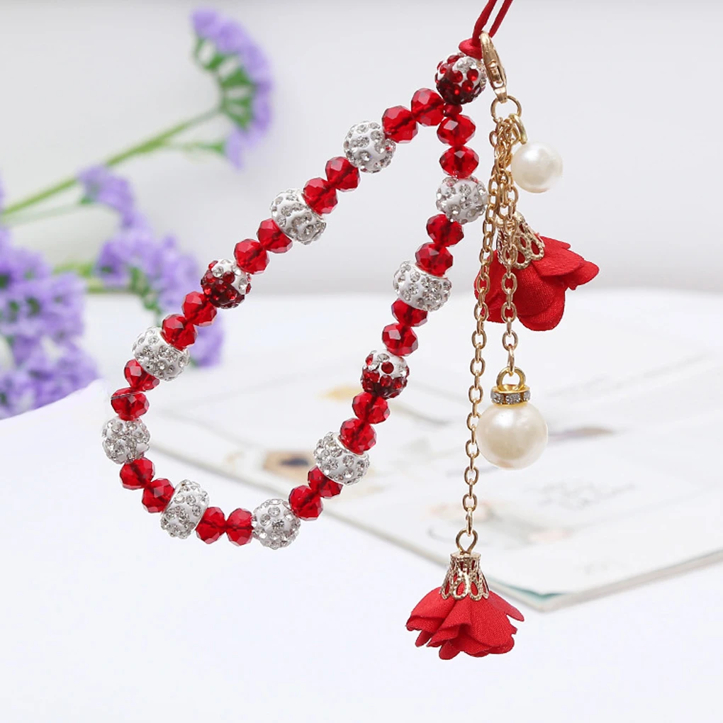 Cell Phone Straps Trendy Crystal Flower Lanyard Romantic Keychain Strap Hanging Rope Anti-lost Bracelet Key Girls