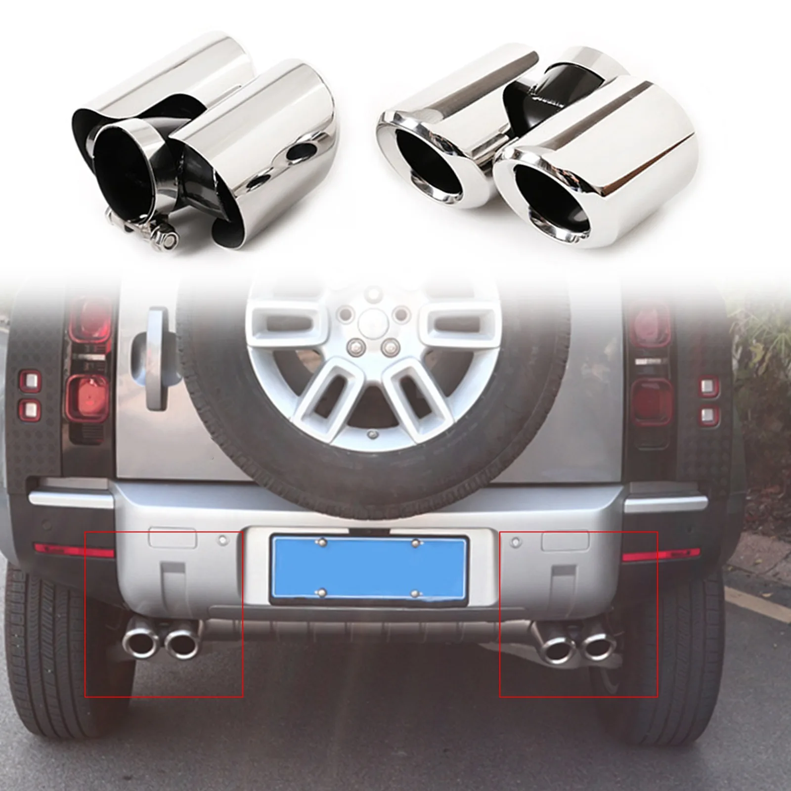 2x Chrome Rear Exhaust Pipe Muffler Tips For Land Rover Defender 90 110 2020 2021 2022 2023 2024