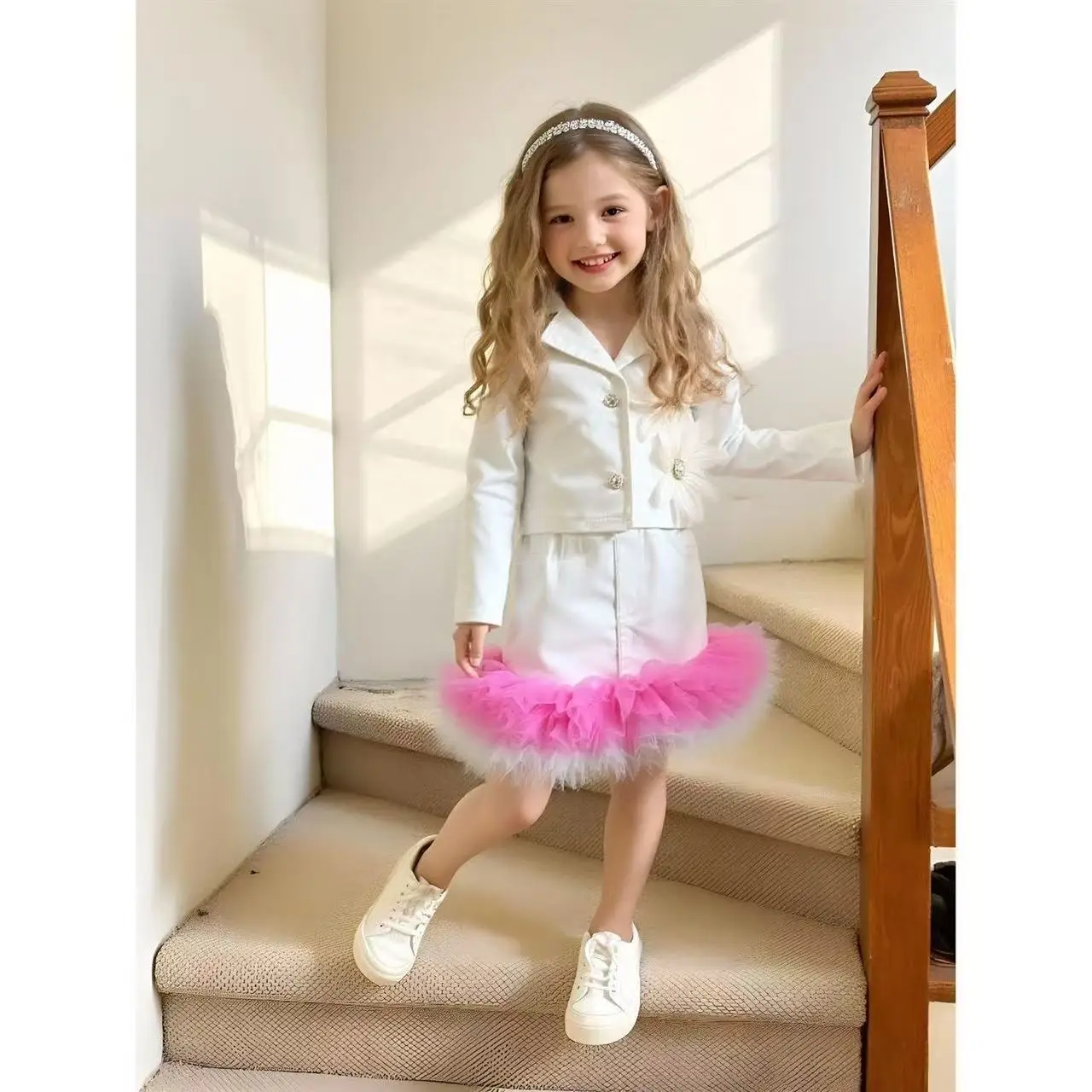 

Europe and The United States Girls Long-sleeved Suit Mesh Skirt Two-piece New Children's Dress Autumn Suit 90-130cm