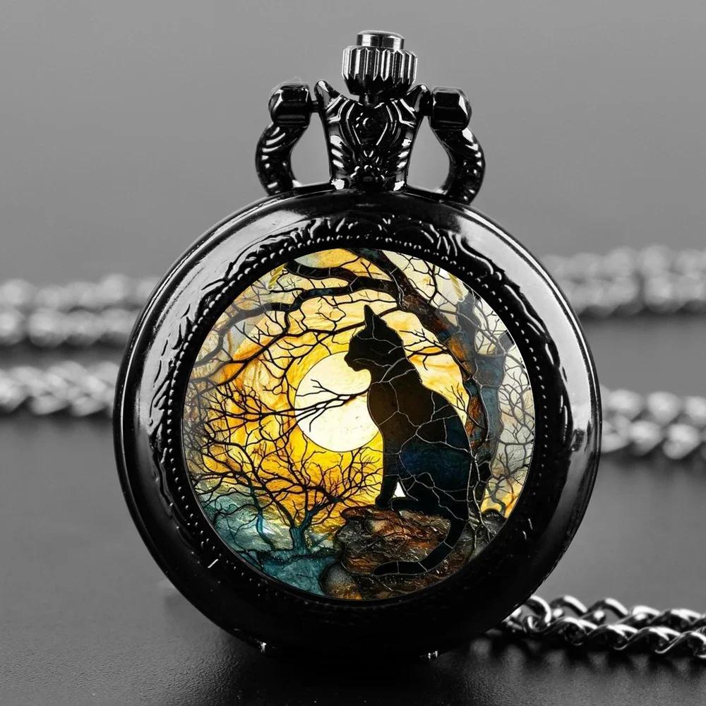 

Cat Shadow Glass Dome Quartz Pocket Watch With Durable Chain Arabic Numeral Dial Creative Gifts for Men Women