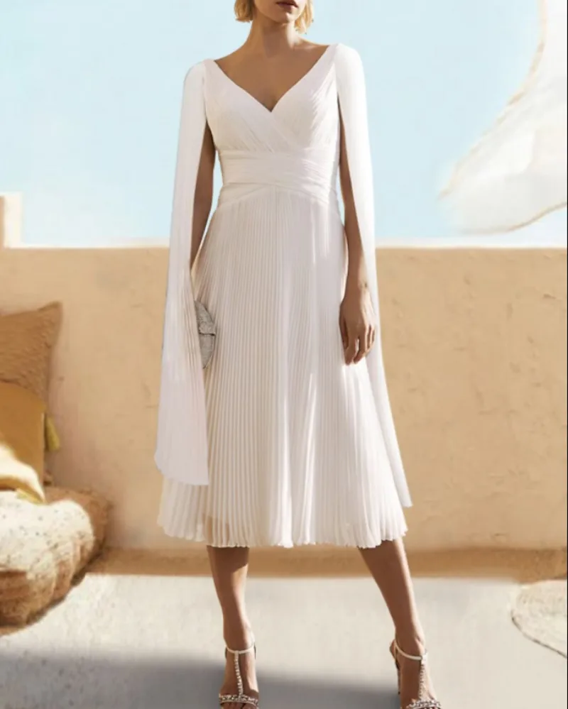 

White Short A-line Homecoming Cocktail Party Dress V Neck Ruched Capes Tea Length Chiffon Prom Formal Gown Robe De Soirée