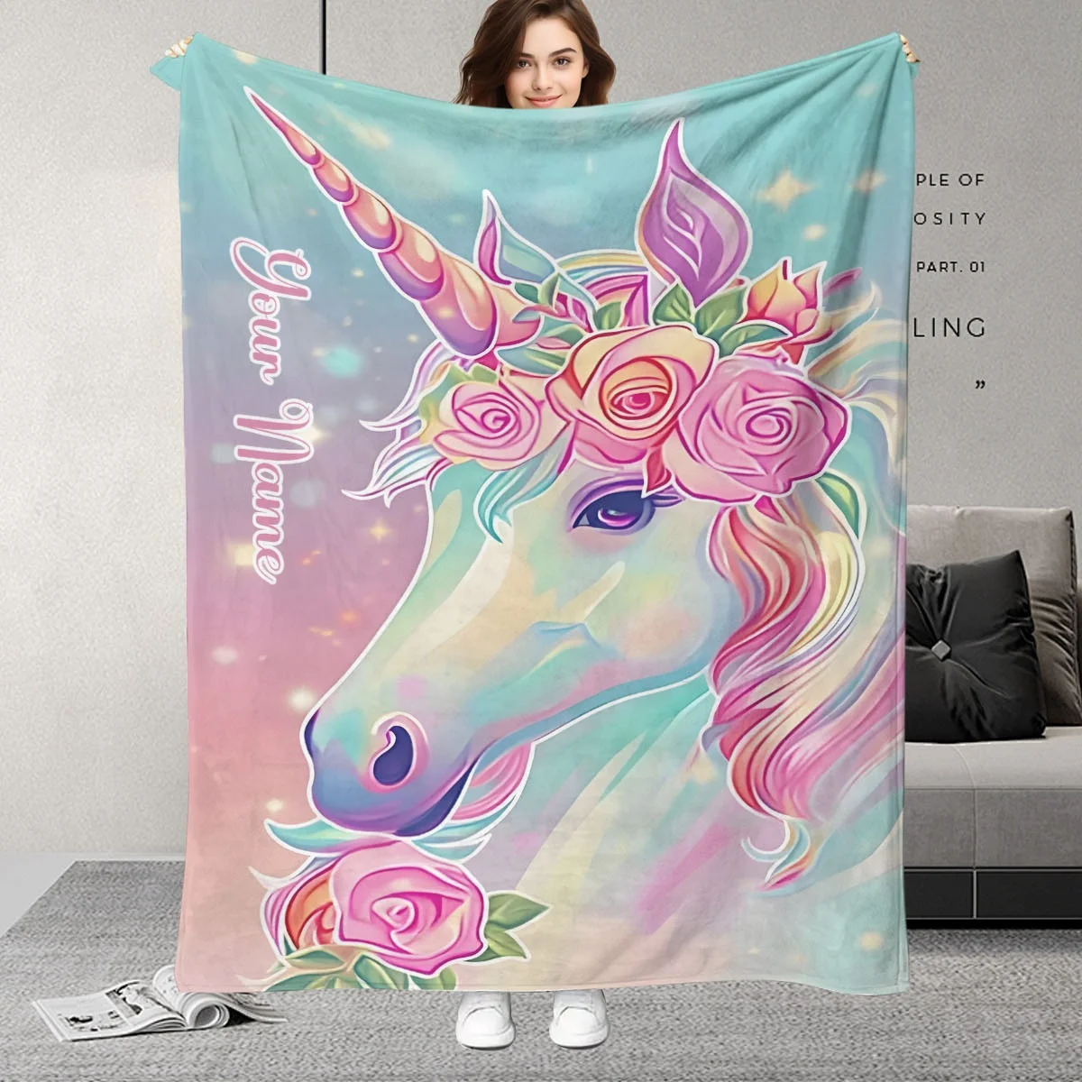 Personalized Name & Unicorn Pattern Blanket, Stunning Gradient Pink Blue Fantasy Design, Perfect Birthday Gift for Kids, Dreamy