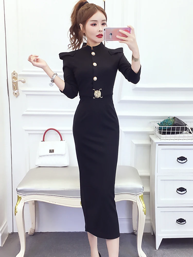 

Осеннее-зимнее черное облегающее платье в корейском винтажном стиле Хепберн для женщин, элегантное роскошное вечернее платье для вечеринок 2026