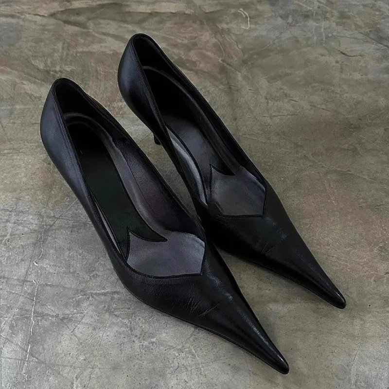 Black Soft Leather Pointed-Toe Pumps Women Street Style Kitten Heel Designer Shoes Elegant Office Commuter Shoe Zapatos De Mujer