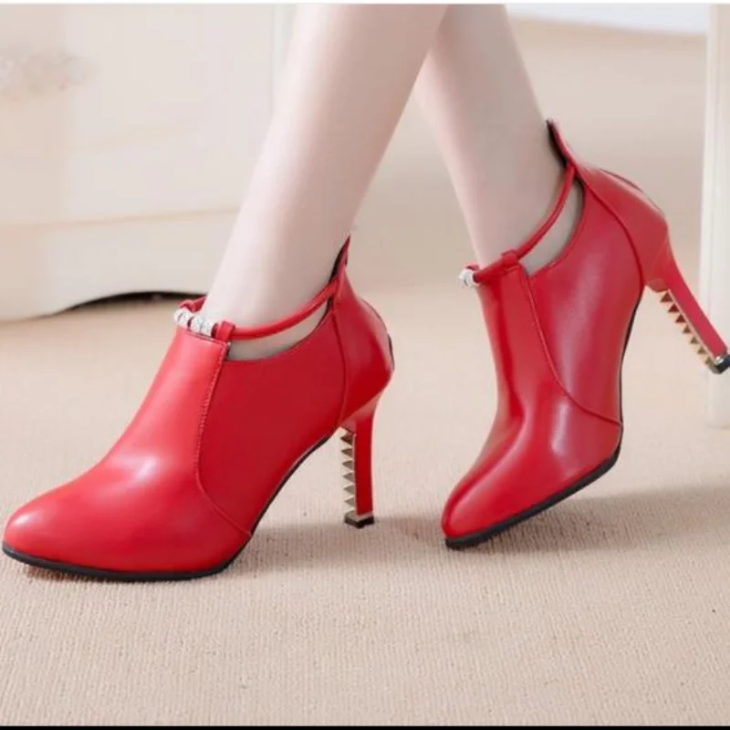 

New Red Winter Autumn Ankle Boots Women's Shallow Pointed Red Thin High Heels Ankle Booties Zip Pu Female Chelsea Leather