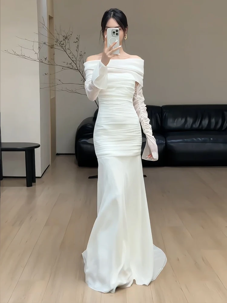 

Элегантное свадебное платье на одно плечо с длинным рукавом, простой свадебный наряд, утренний халат, белое осеннее платье в лесном стиле для невест