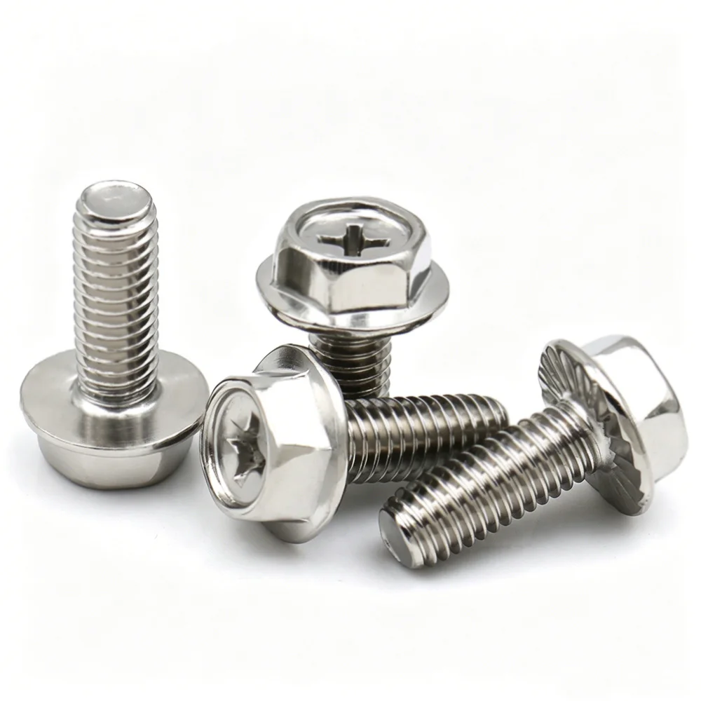M4-M8 304 Stainless Steel Phillips Hex Flange Bolts Serrated Non-Serrated Hex Washer Head Machine Screws