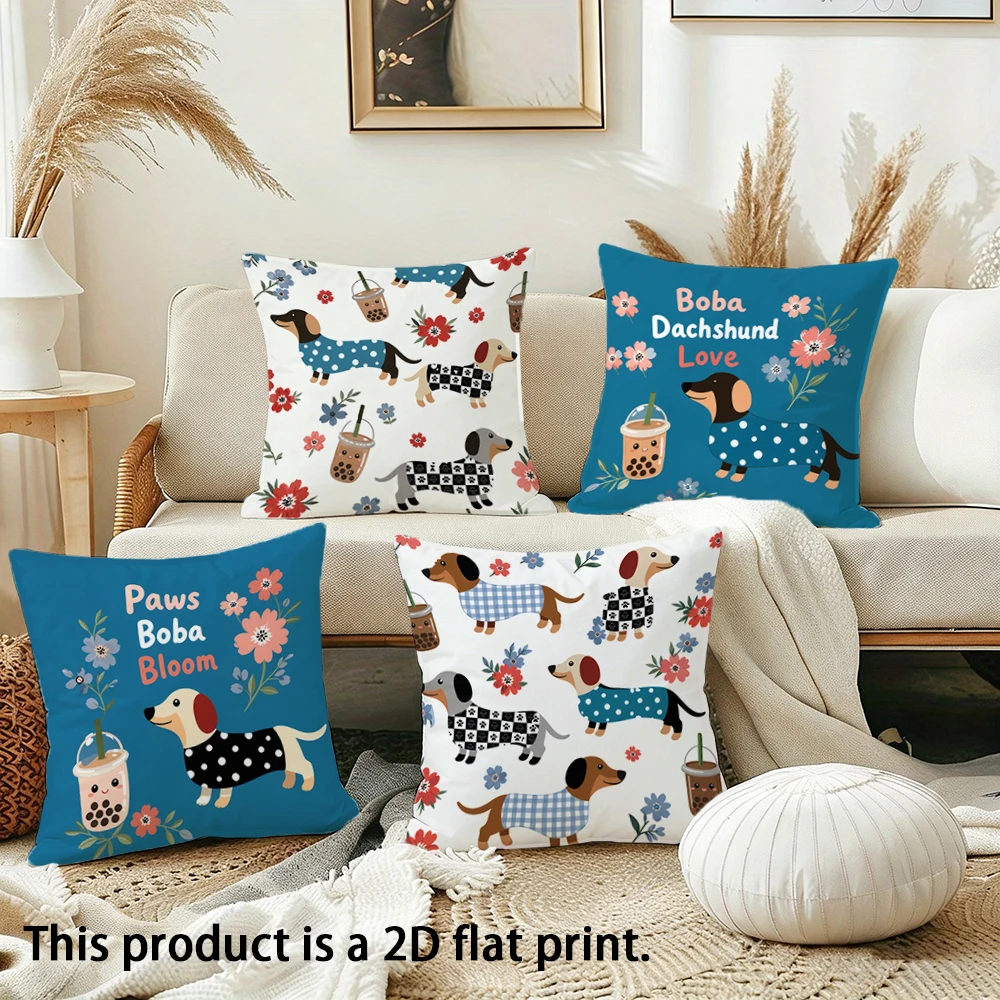 1pc Cute Boba Dachshund Throw Pillow Covers, Floral Wiener Dog Decorative Pillow Cases for Home Sofa Bedroom