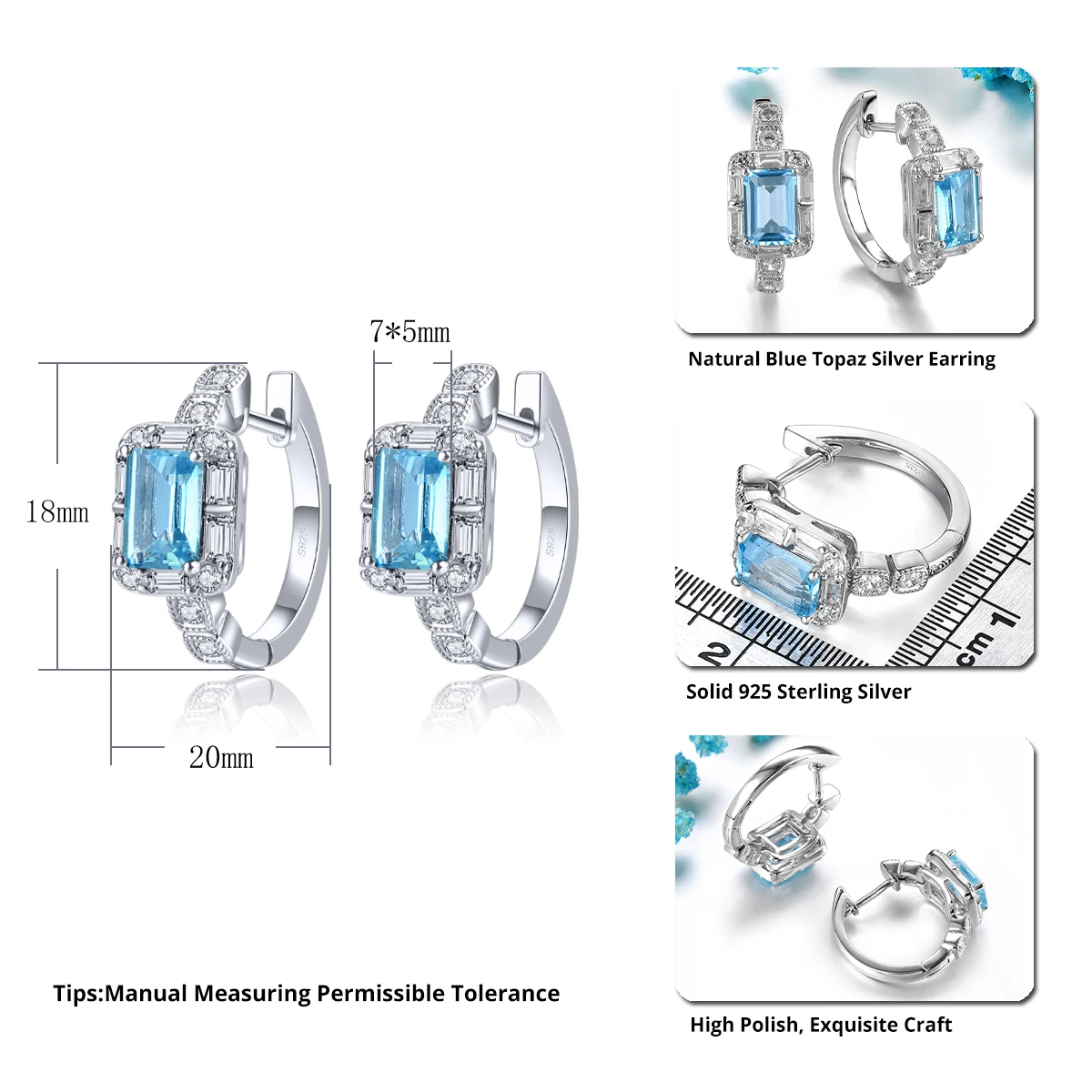 Natural Blue Topaz Solid Sterling Silver Rhodium Plated Hoop Earring 2.46 Carats Genuine Topaz Gemstone Women Classic Jewelrys