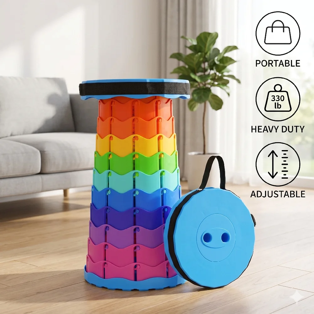 

Retractable Folding Stool Collapsible Telescopic Seat Heavy Duty 330lb Adjustable Portable Rainbow Chair Outdoor Camping Fishing