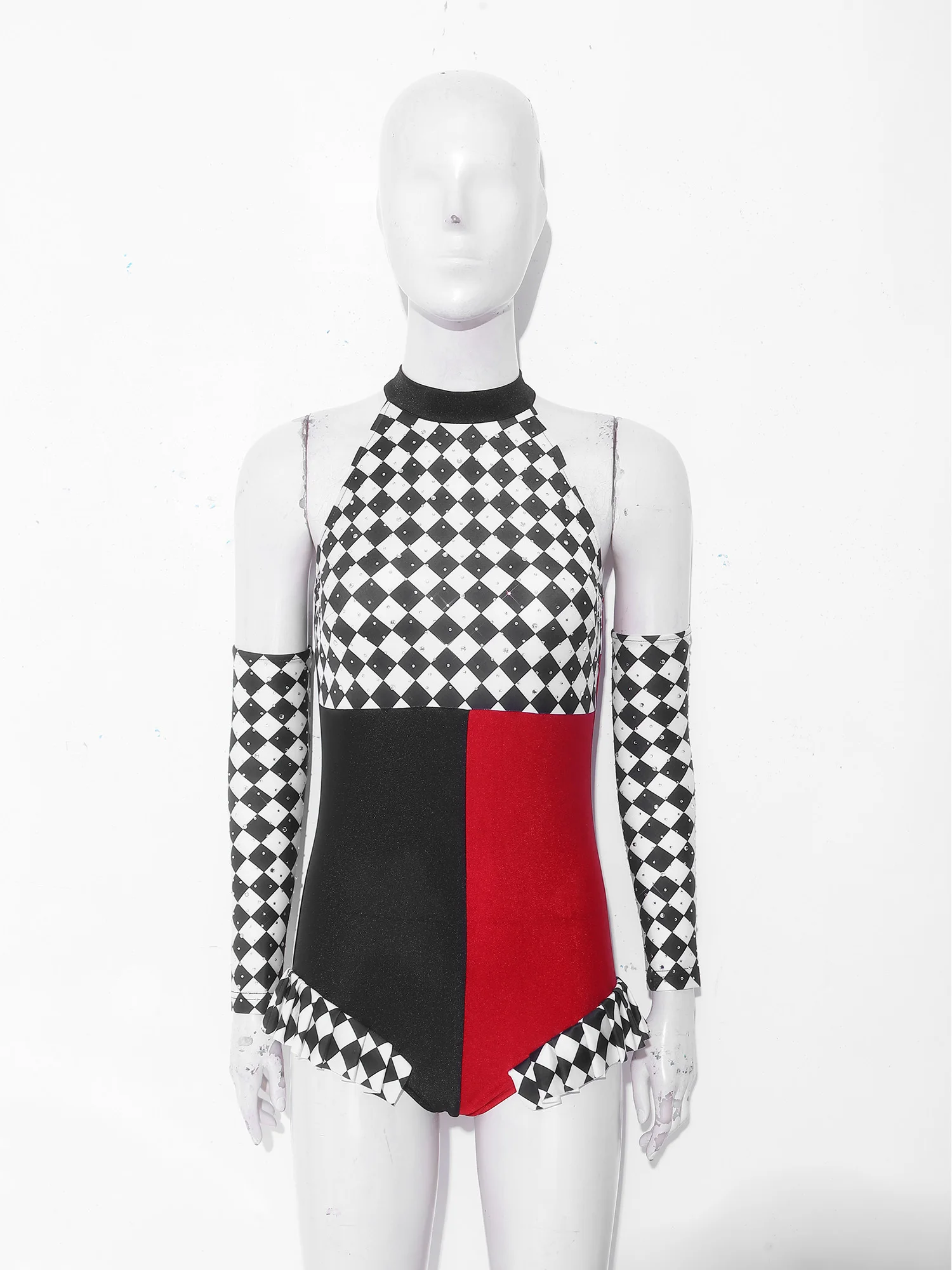 Women Clown Joker Medieval Circus Clown Cosplay Costume Halter Ruffled Color-blocking Checkerboard Jester Dance Leotard+Gloves view 3