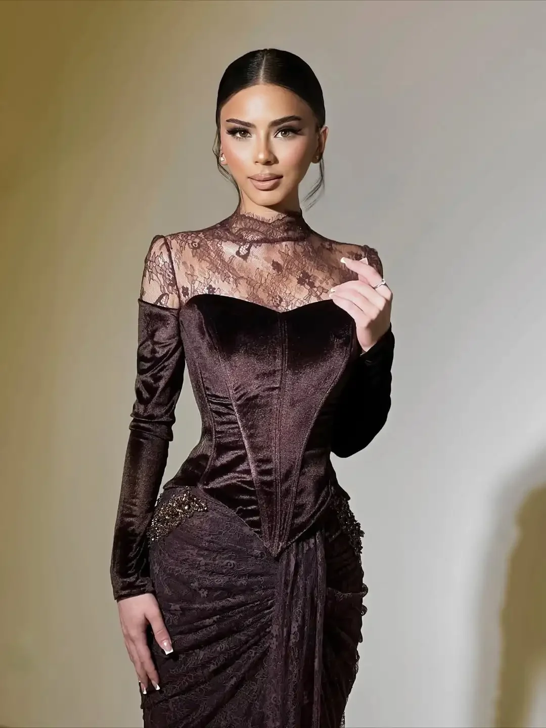 Aenyrst Customized Mermaid Long Sleeves Prom Dresses High Neck Pleated Lace Evening Dresses Back Zipper Floor Length Party Dress