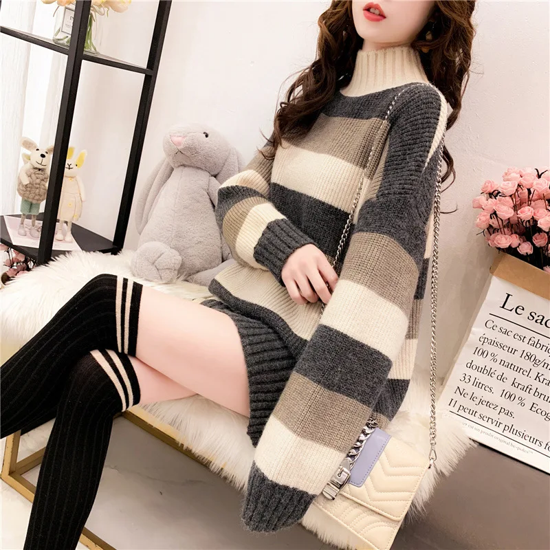 Women Sweaters Pullover Turtleneck 2023 Fashion  Stripe Long Turtleneck Sweater Loose Pullovers Winters Woman Clothing LXJ2015
