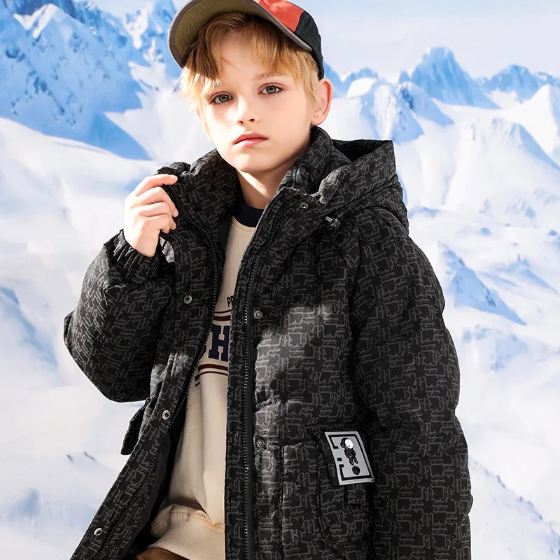 Winter Children Boys Down Jackets Stickers Printed Thicken Warm Baby Outerwear Coat For Boys 4-12Y Boys Teenage Hooded Snowsuits