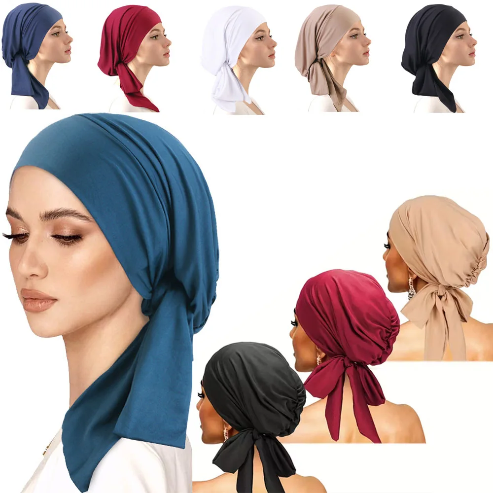 

1 piece Pre-tie Muslim Turban Ethnic Elastic Ribbon Head Scarf Islamic Hat Fashion Beanie Hat Women Female Hijab Turbante