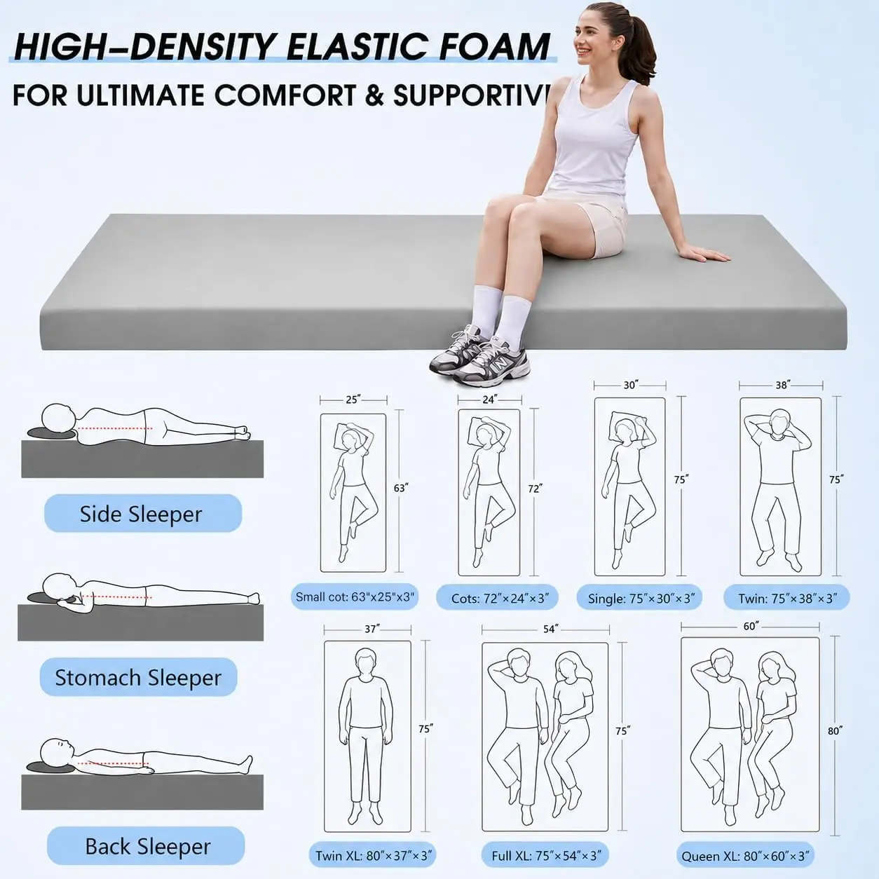 3 Inch Memory Foam Camping Pad, Camping Essentials Roll Up Floor Mat for Car Camping, Cot, Tent, Truck, Travel and Guest Use, No